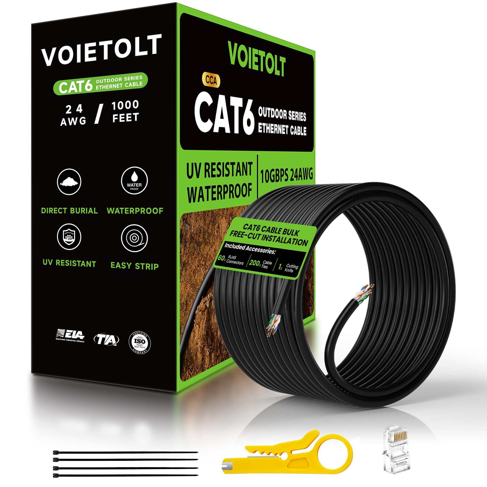 Cavo Ethernet Cat 6 per esterni, 304,8 m, cavo Cat 6 con 60 connettori RJ45 per montaggio personalizzato, cavo Internet da 24 AWG 10 Gbps impermeabile con rivestimento UV LLDPE CCA UTP