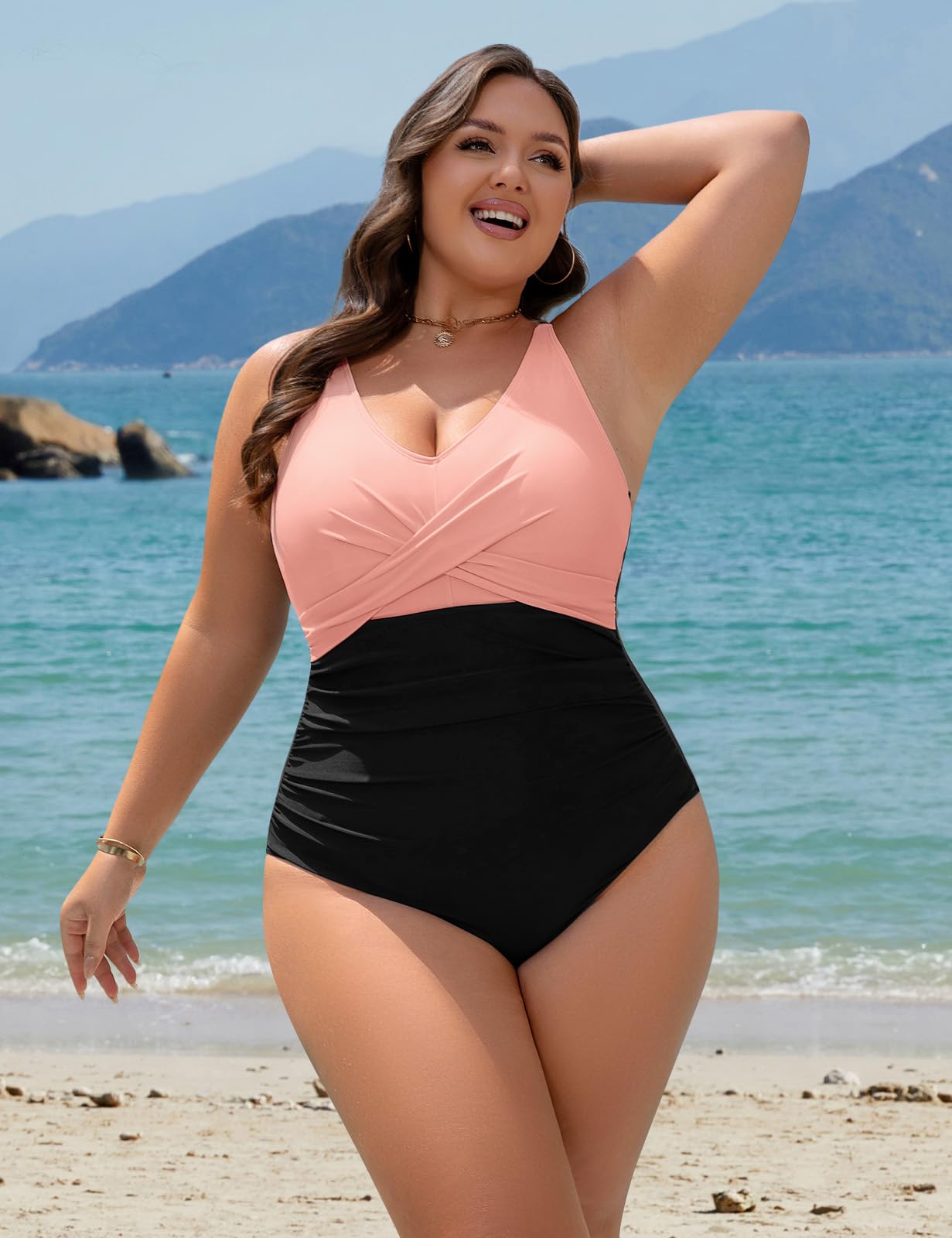 Maillot de Bain Grande Taille Femme 1 Piece Ventre Plat Swimsuit Sexy Col en V Maillot de Bain Réglable Push Up Rembourré Grosses Poitrines Monokini L-4XL