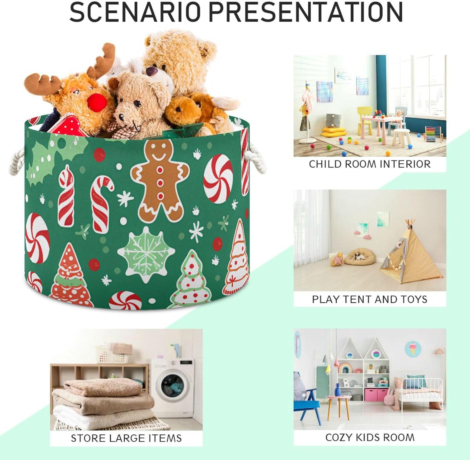 senya Christmas Basket Storage, Christmas Gingerbread Man Green Storage Bin Box Laundry Hamper Organizer Bag with Handles for Clothes
