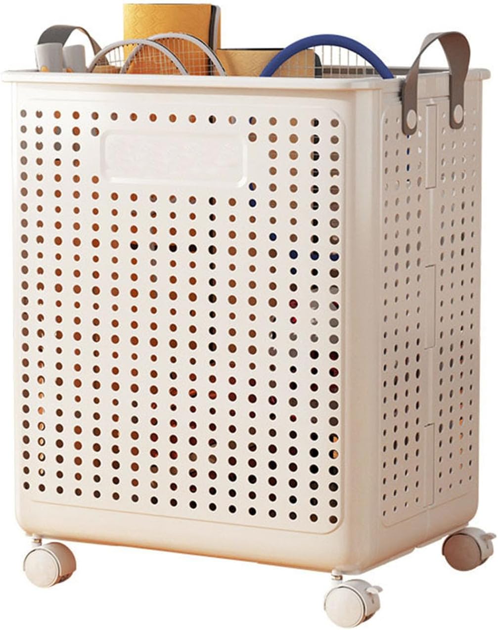 WESAPPINC 55L Collapsible Extra Large Laundry Hamper, Plastic Laundry Basket with Wheels,Suitable for Bathroom, Bedroom, Dorm Room & Laundry Room,Basket with Handle (Cream color)