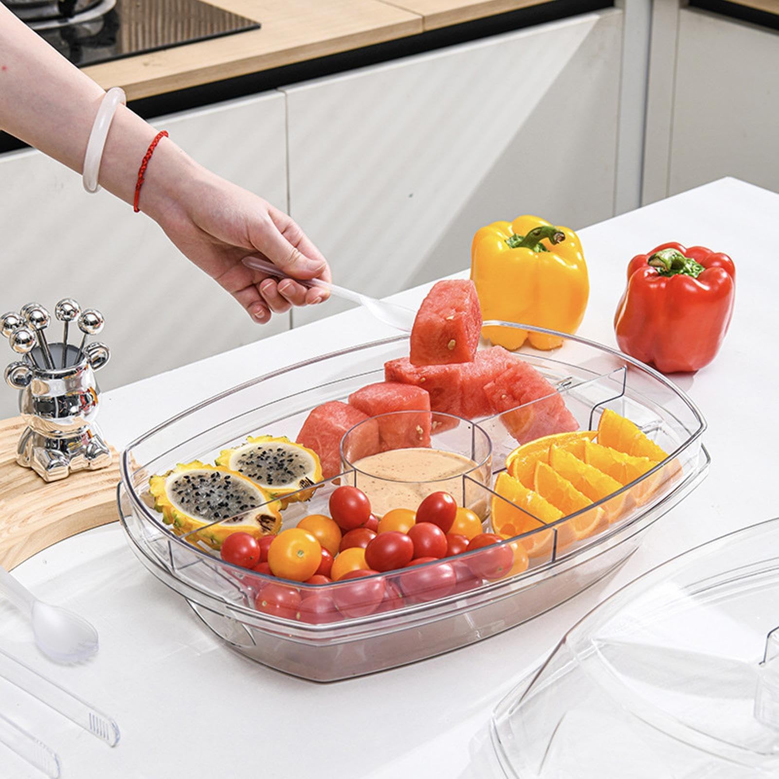 Bandeja de servir fría para fiestas, plato de 4 compartimentos con tapa, perfecto para frutas, aperitivos, postres, verduras, mariscos y camarones, cocta - Ideal para picnic y nevera