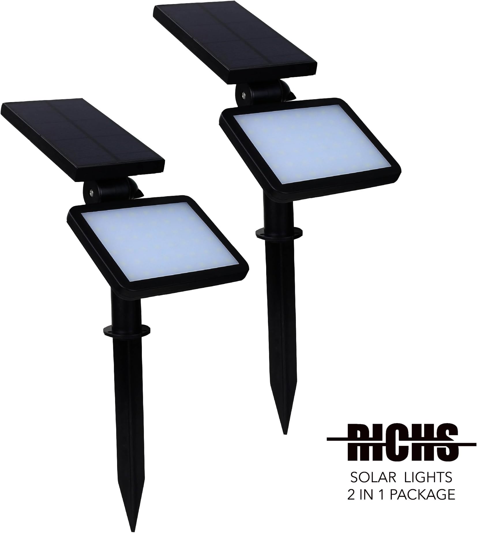 [IMPROVED DESIGN] RICHS Solar Powered LED Spot light.2 lights in 1 Package. Mount on Wall or Stand on Pathway, Landscape. Auto ON/OFF self Charging Solar Light.48 LEDs for Super 960lm brightness.