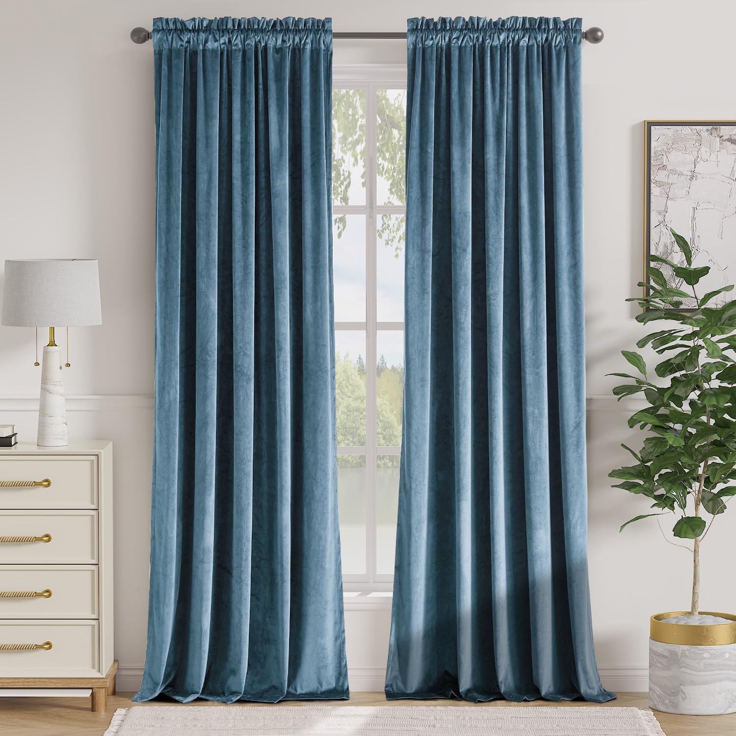 jinchan Blackout Curtains 96 Inch Long Luxury Velvet Curtains for Living Room Thermal Insulated Single Panel Curtain for Bedroom Aegean Blue