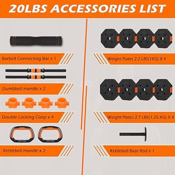 Adjustable Dumbbell Set Octagonal Anti-Roll Design, Non-Slip Grip, Versatile Weights with Barbell, Kettlebell, Push-Up Options, Orange