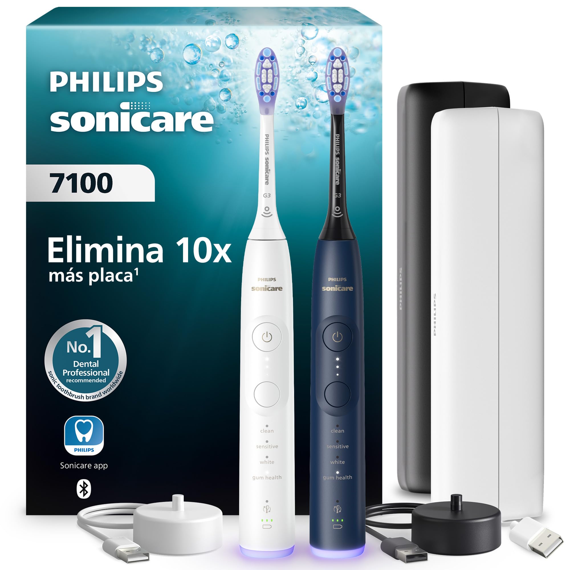 Philips Sonicare 7100 cepillo dental eléctrico, sónico con 4 modos de cepillado y 3 niveles de intensidad, EasyStart, blanco y azul marino, paquete de 2, HX7429/01 [Nueva Tecnología]