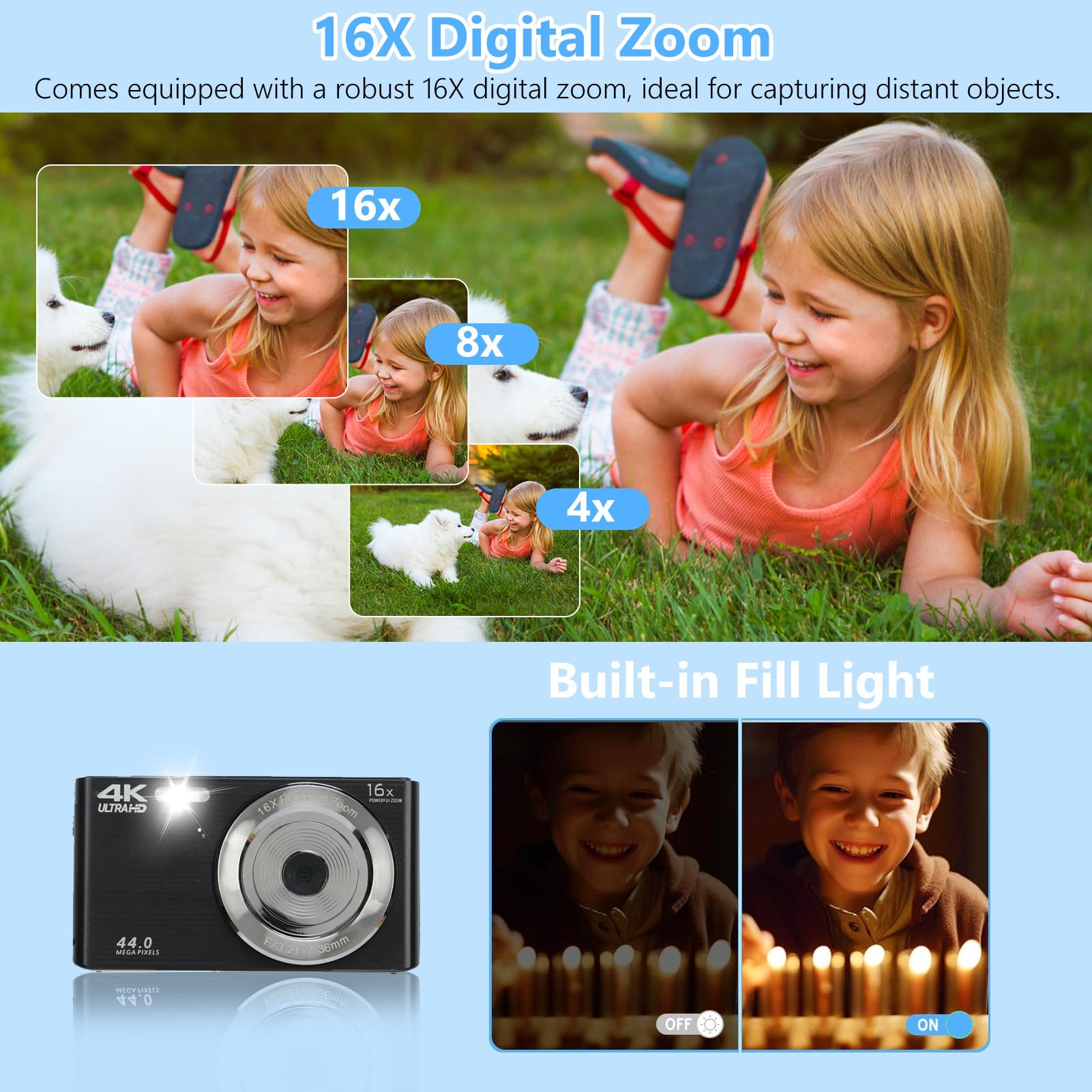 Cyfrowy Aparat Fotograficzny 4K, 16-krotny Zoom Cyfrowy 44-megapikselowy Aparat Vlog, Ekran 2,8 Cala, Wbudowane światło Wypełniające, Obsługa Transmisji Danych Przez USB (Czarny LR063682)