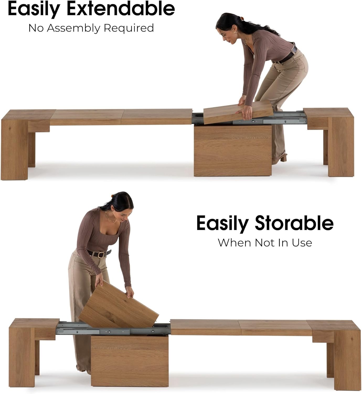 Transformer Table - Extendable Dining Bench, Solid Wood Expandable Seating 1–6, Multifunctional Dining Bench with Integrated Storage, Modern Farmhouse Wood Bench, Natural