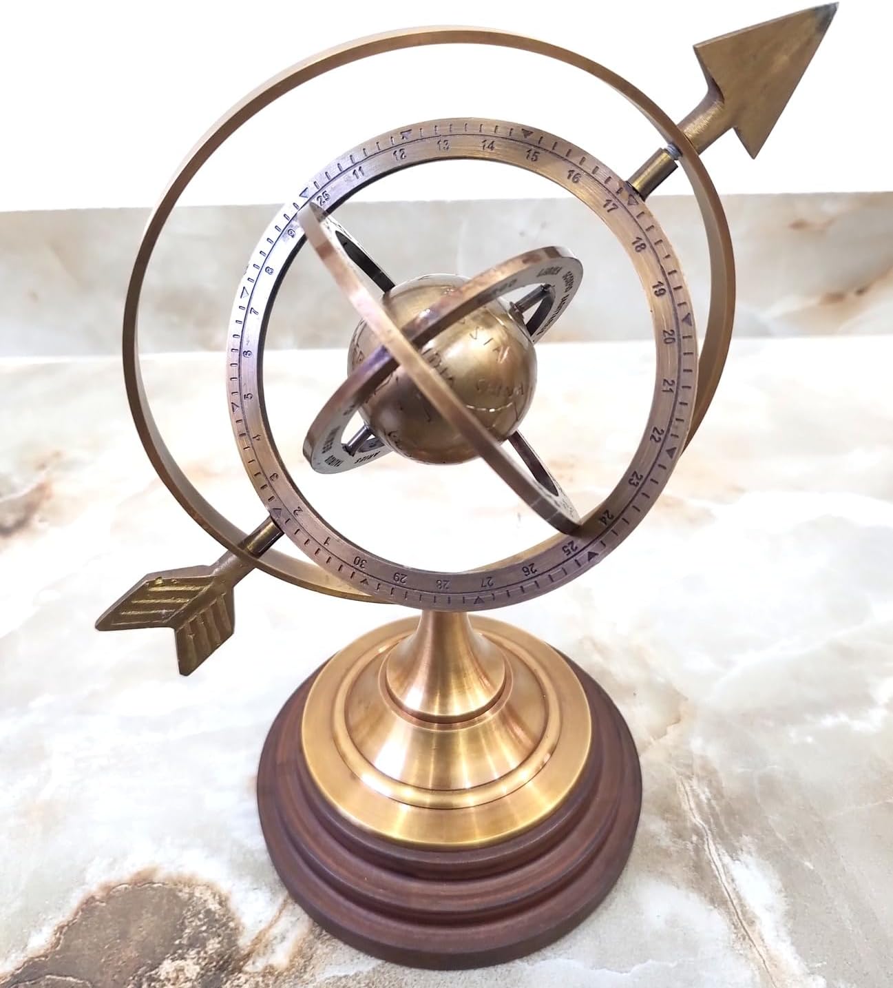 Decorative Brass Armillary Sphere Sundial, Antique Bronze and Wood Base, Celestial Globe Design, Desktop Nautical Decor