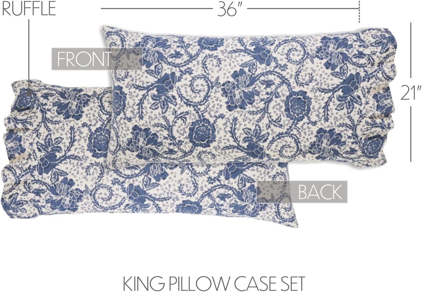 VHC Brands Dorset, Farmhouse Ruffled Pillow Cases, King Size, Floral, Navy, 21x36, Set of 2