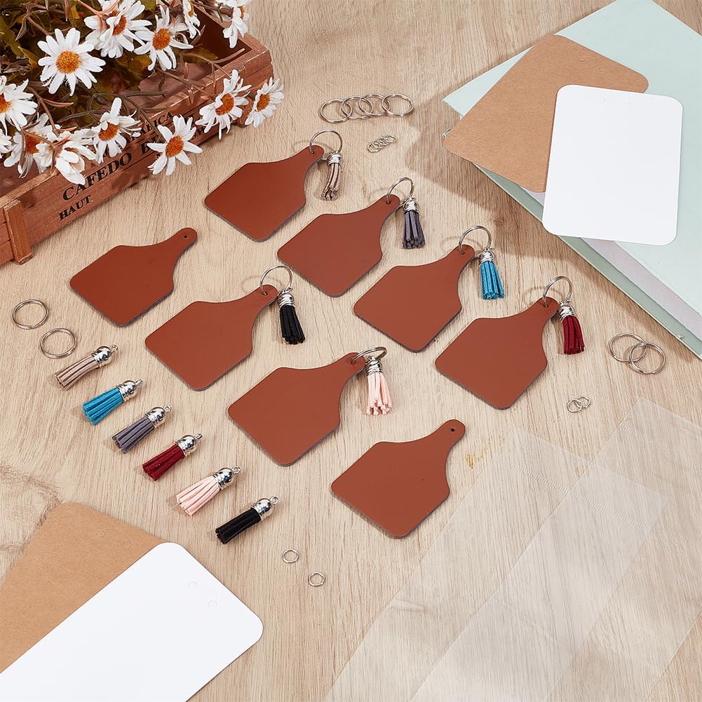 OLYCRAFT 180Pcs/Set Leather Keychain Kit PU Leather Key Fob Kit Universal Brown Key Fob Keychain Blank Leathers Keychains Set with Pendant and Jump Rings for Laser Engraving Keychains Making DIY Craft