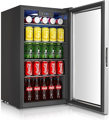 Mini nevera, refrigerador de bebidas para 116 latas con puerta reversible de vidrio para vino de cerveza de soda, refrigerador pequeño de 3.2 pies