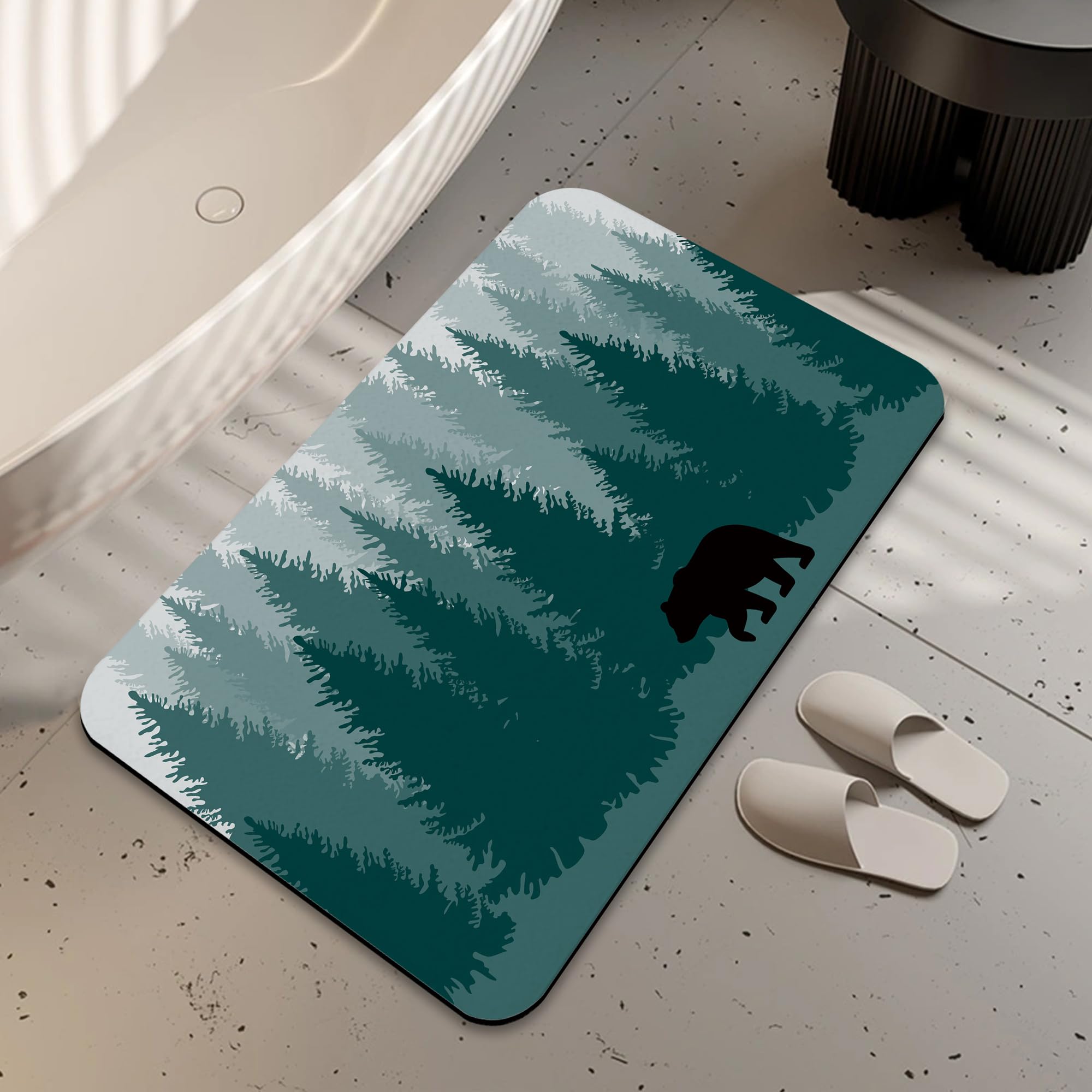 LUOENY Bath Mat Non Slip Backing Thin Bear Forest Bathroom Rug Fit Under Door Quick Dry Absorbent Bathroom Floor Mat Shower Rug for in Front of Bathtub Shower 75x43 cm