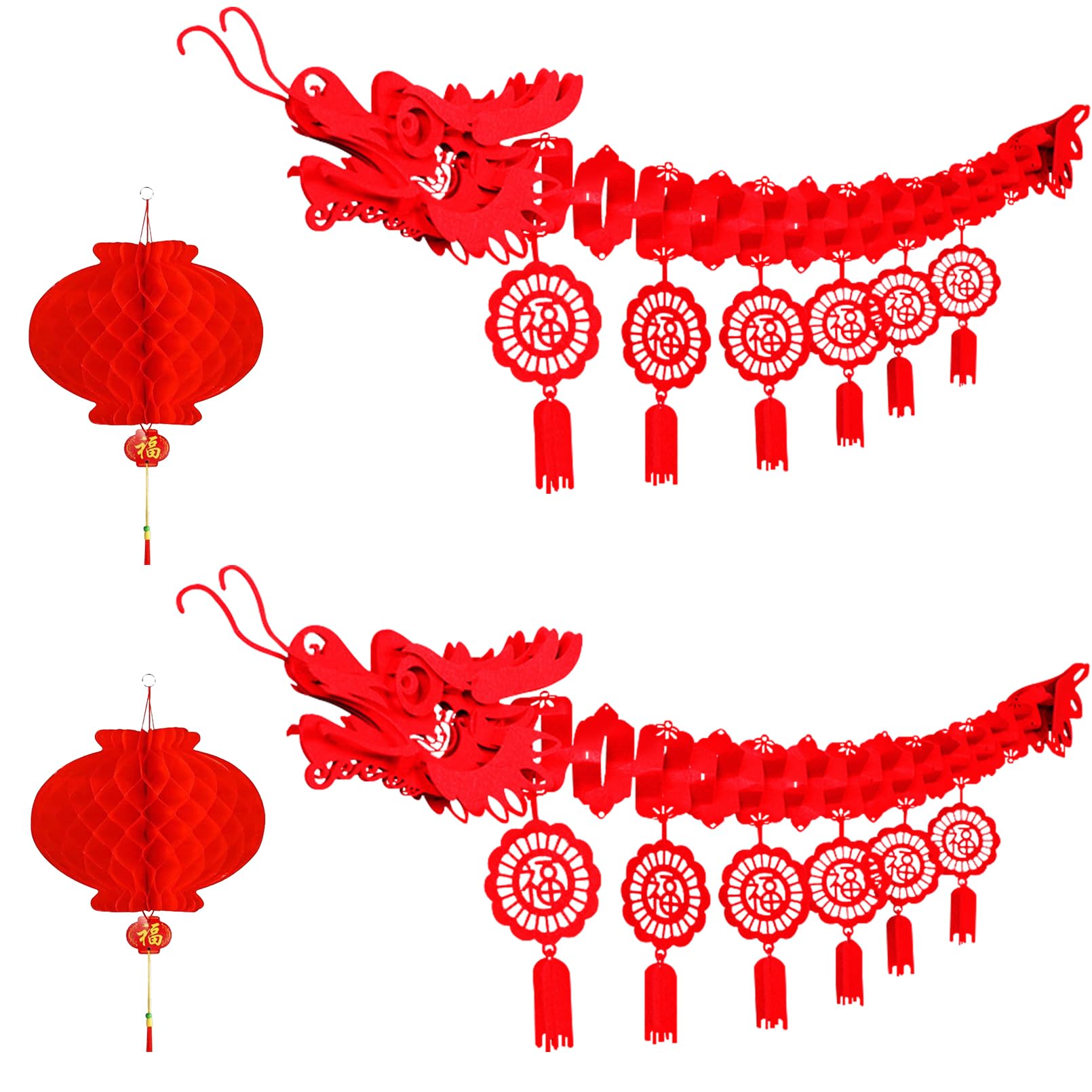 IRmm Chinese New Year Dragon, 2PCS 3D Chinese New Year Dragon Ceiling Decorations and 2PCS Chinese Lanterns
