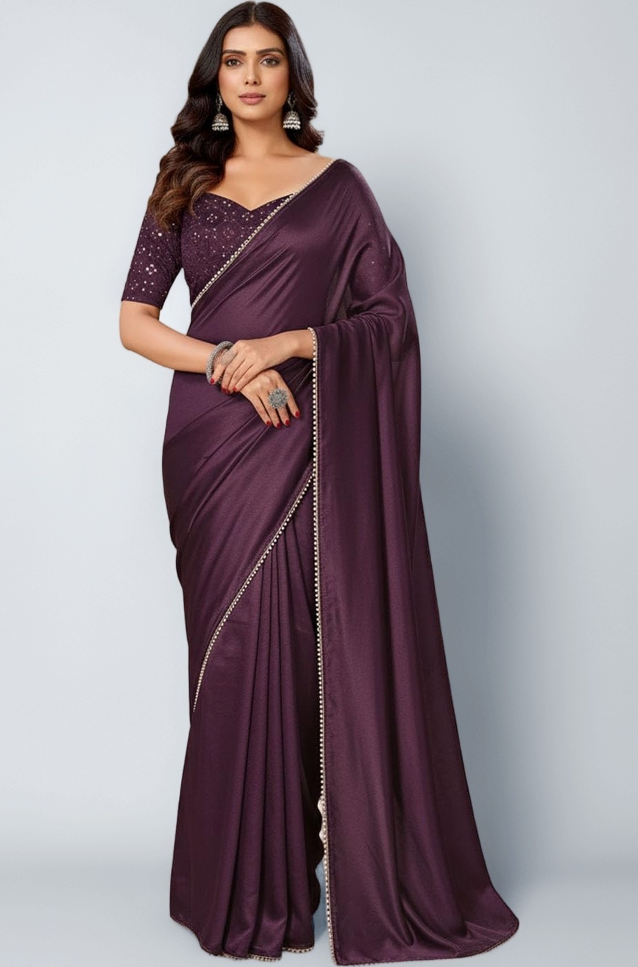 Women's Plain Japan Satin Silk Saree with Pearl Lace Border, Includes Unstitched Matching Blouse Piece – Elegant Saree(AVN_1694)