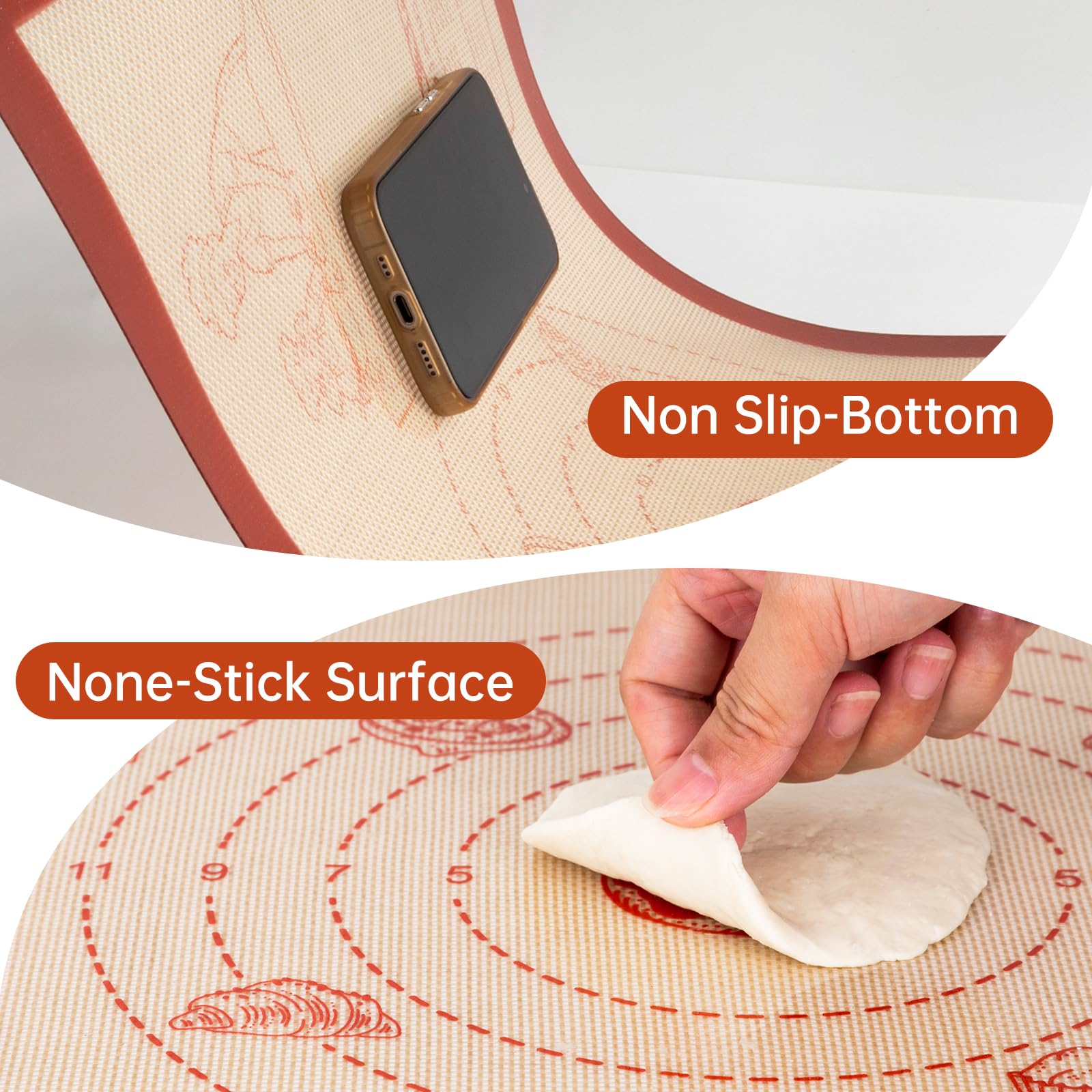 Alfombrilla de silicona extra gruesa para hornear, alfombrilla de silicona para hornear con 10 recetas fáciles, alfombrilla antiadherente para enrollar masa, macarrones, galletas, pan, pizza, fondant