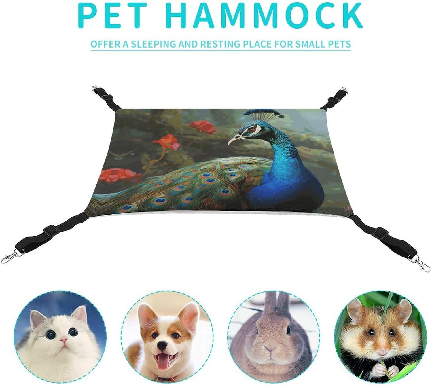 review Hanging Pet Hammock, Colorful Peacock Printed Soft Breathable Pet Hammock with Adjustable Straps and Metal Hooks for Cats Small Dogs Rabbits Sugar Gliders