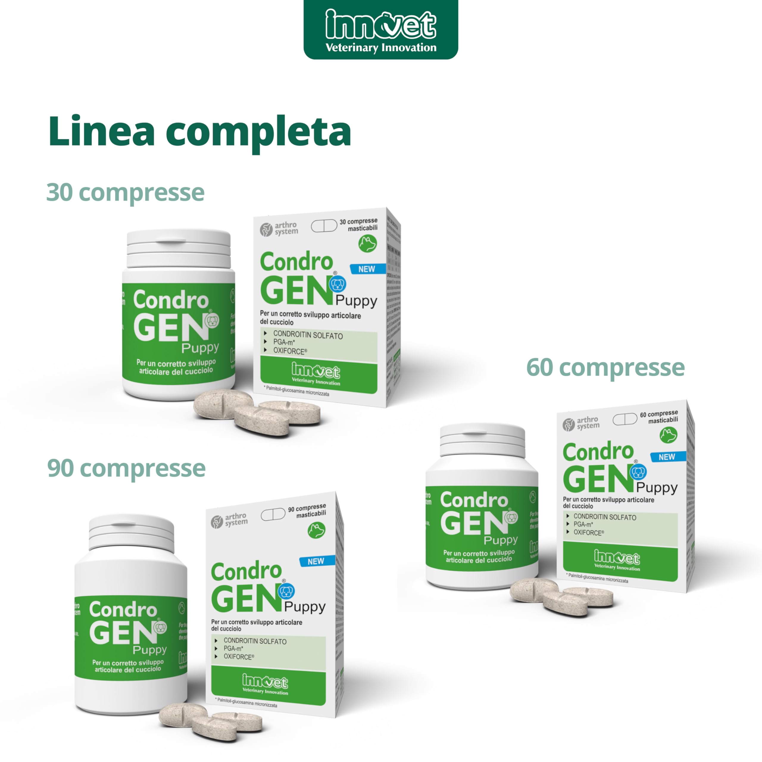 Innovet, Condrogen Puppy, per Articolazioni dei Cuccioli, Aiuta lo Sviluppo Muscolo-Scheletrico, per Cuccioli di Taglia Grande, con PGA-m e Condroitin, 90 Compresse Masticabili
