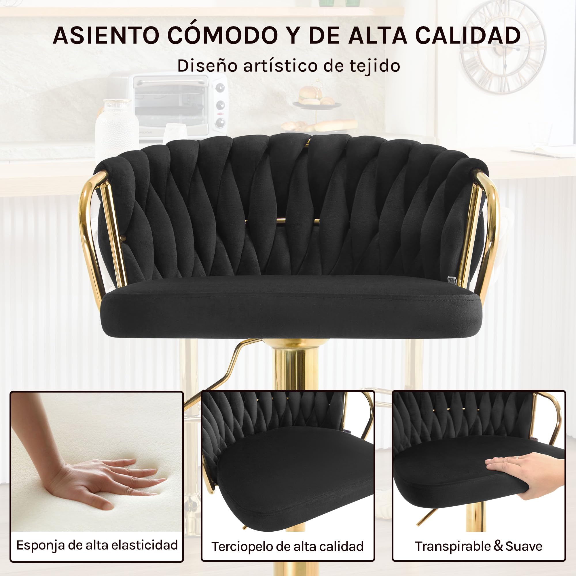 WOLTU Taburetes Altos de Cocina Set 2 Altura Ajustable, Negro | con Respaldo y Reposapiés, Base de Metal, Terciopelo, para Comedor, Salón y Cafetería