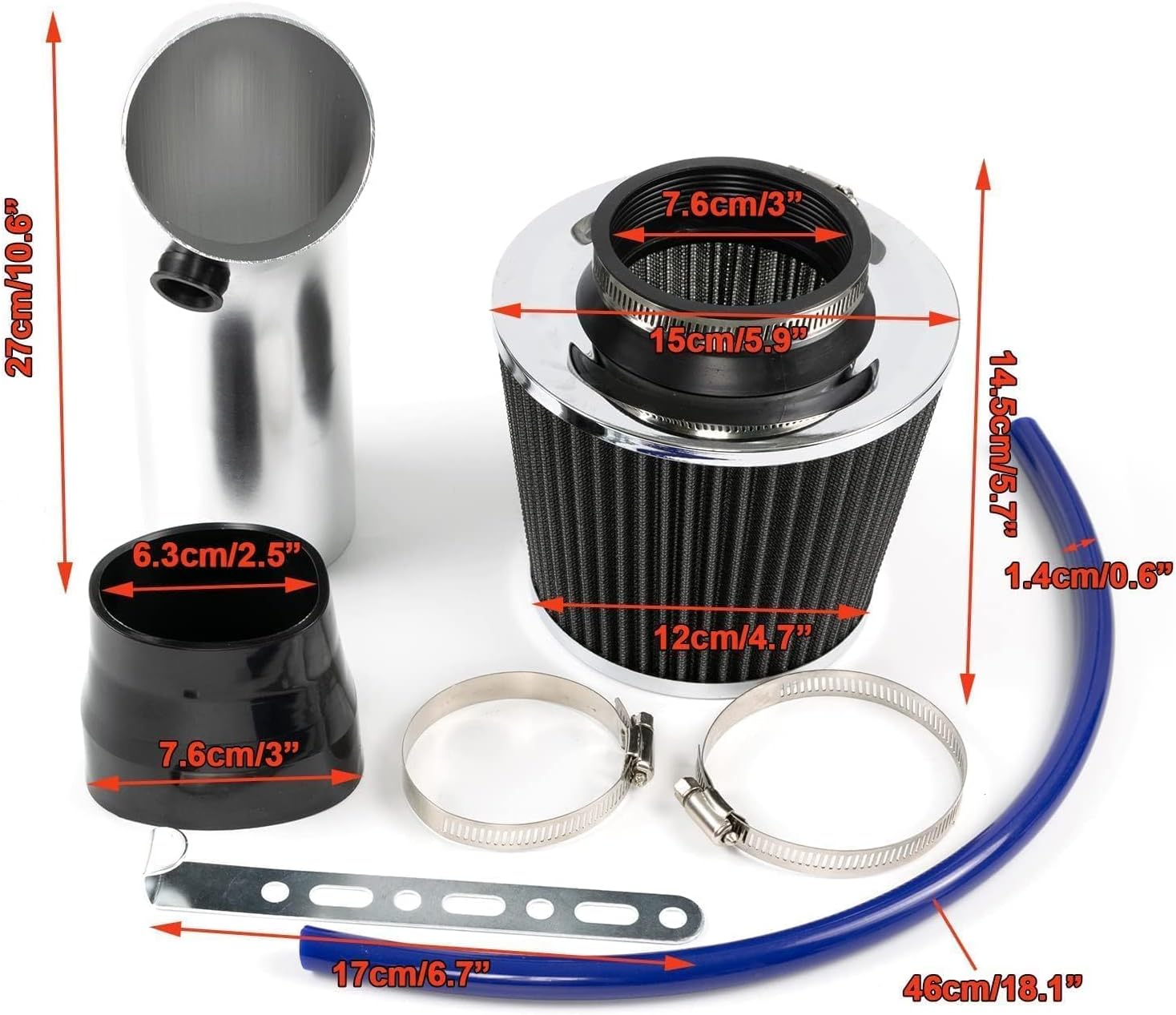 AUTOXBERT Full Set 3" 76mm Universal Car Cold Air Intake Filter Kit Alumimum Automobile Filter Induction Flow Hose Pipe Kit System Accessories (Black & Silver)