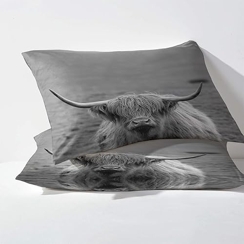 Miniatura 3 de Highland Cow - Juego de sábanas de 4 piezas, tamaño King, diseño de animales de pastizales, sábanas y fundas de almohada, 4 piezas, sábana bajera
