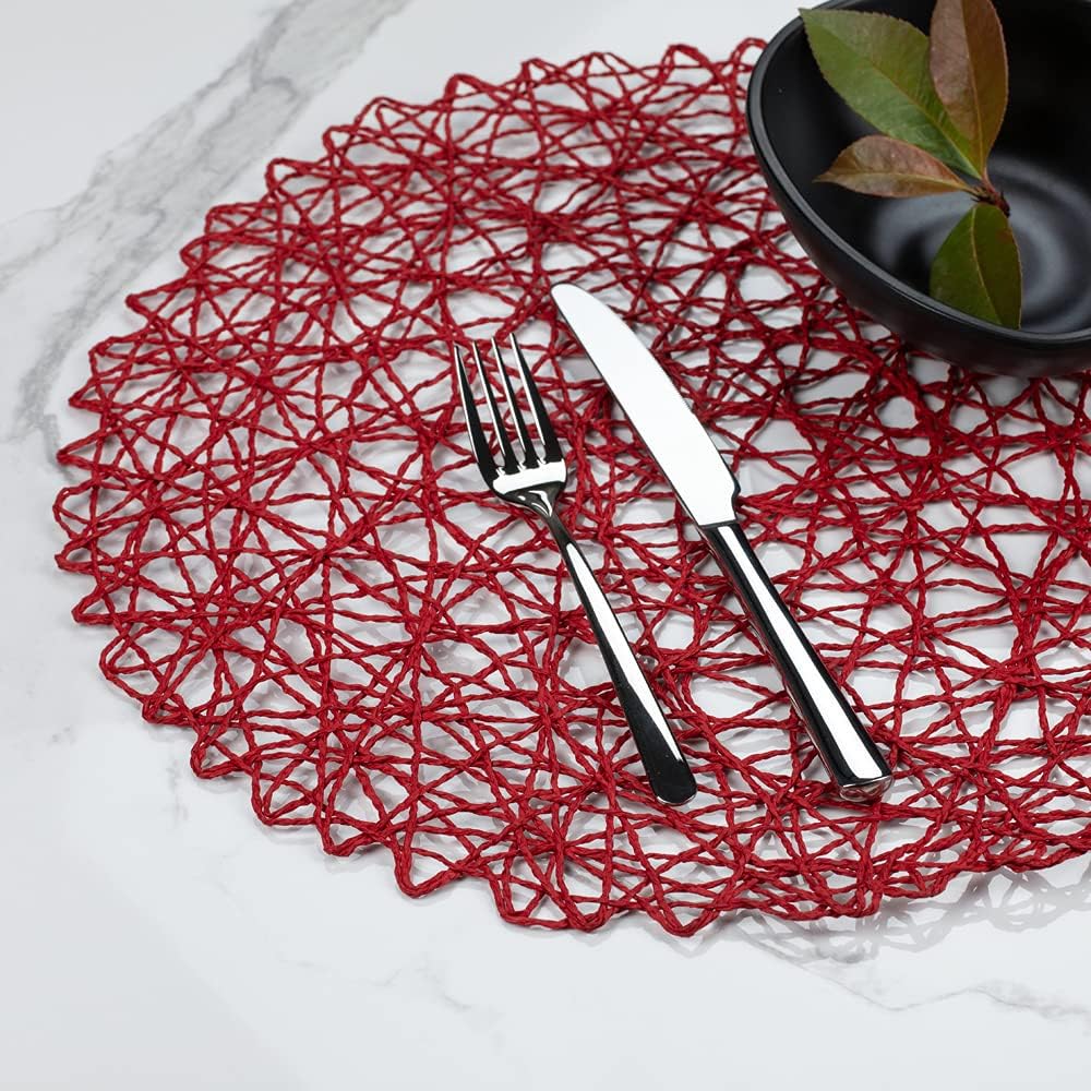 Restaurantware Spinweave 15 Inch Dining Table Placemats Set Of 6 Round Kitchen Table Mats - Semi-Disposable Handwoven Red Paper Circle Placemats Durable Table Mats For Holidays Or Weddings