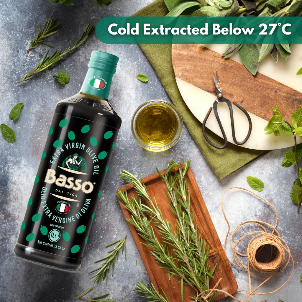 BASSO 1904 100% Italian Extra Virgin Olive Oil (EVOO), Cold-Extracted (Below 27°C), Coratina–Carolea–Ogliarola, Calabria & Puglia, 1 Liter (33.8 fl oz)