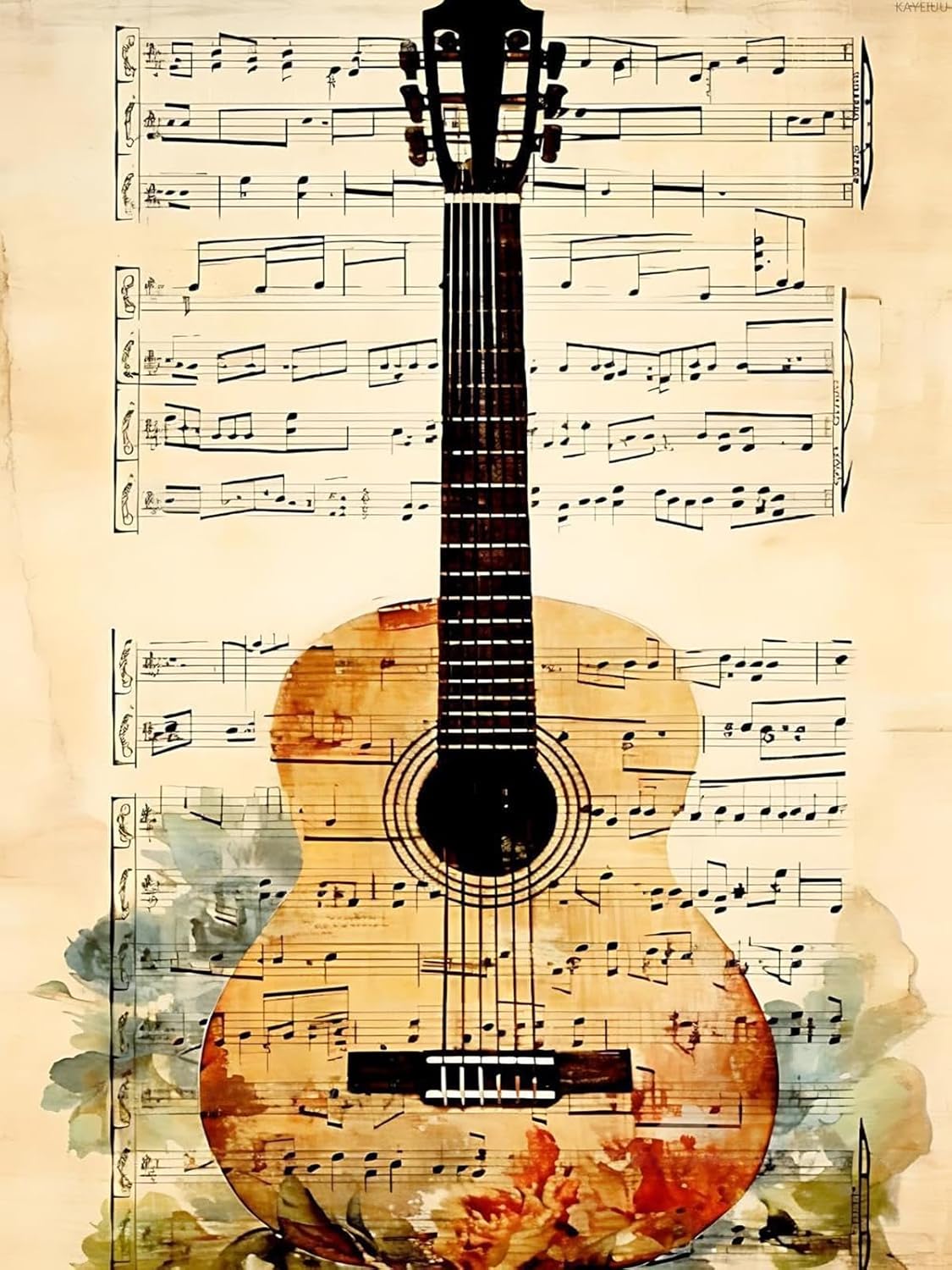 KAYEIUU Vintage Guitar with Music Diamond Painting Kits Music Diamond Art for Adults, for Home Wall Decor Bedroom Decor or Gifts 12x16inch