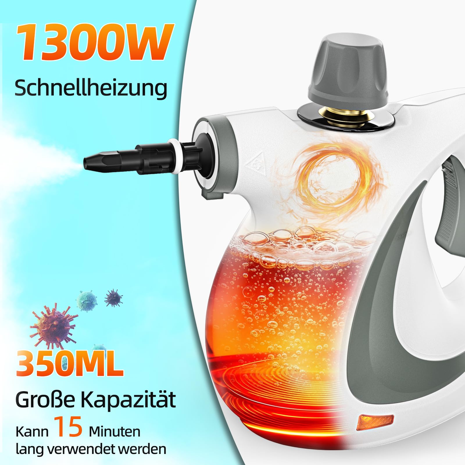 Nettoyeur vapeur, nettoyeur vapeur à main polyvalent pour la maison avec 12 accessoires, pression vapeur 3 bar, 350 ml, 1300 W, nettoyeur vapeur sans produits chimiques pour le nettoyage de la cuisine