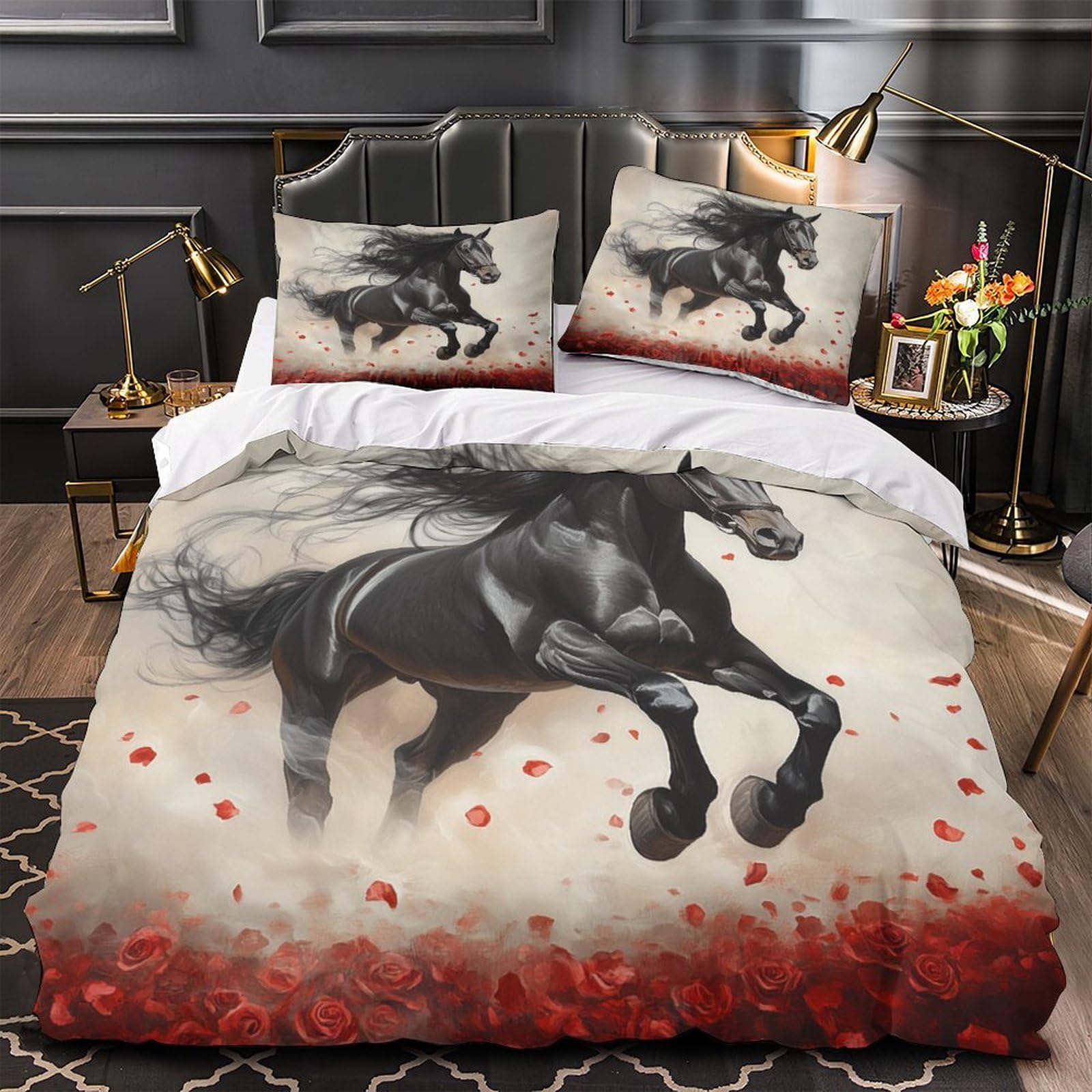 Housse de couette cheval noir 3d parure de lit microfbre fantaisie
