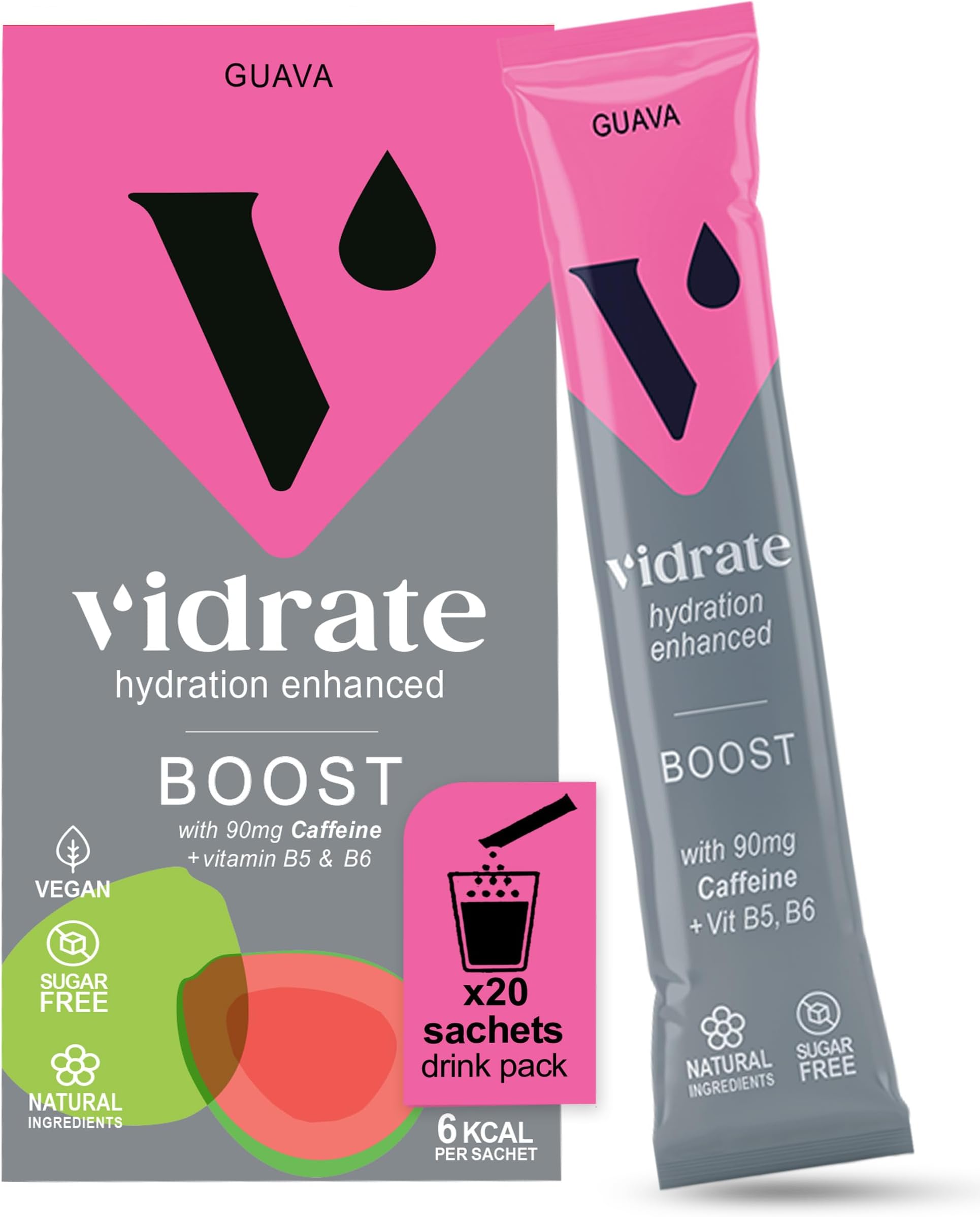 Vidrate Electrolytes Powder Hydration Sachets - Hydration Powder Packs with Vitamins, Zero Sugar & 90mg Caffeine - No Artificial Sweeteners or Preservatives - 20 BOOST Guava Electrolytes Sachets