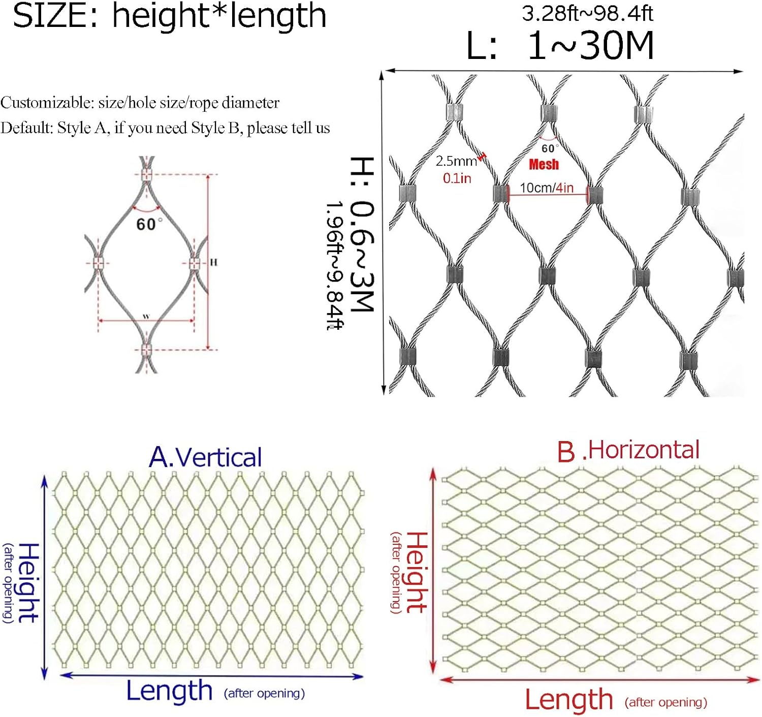Stainless Steel X Type Mesh Safety Netting with Stretchable Balustrade Infill Flexible Wire Rope Mesh (2.5mm Diameter Customizable) H2.8xL5m/H9.18xL16.40ft