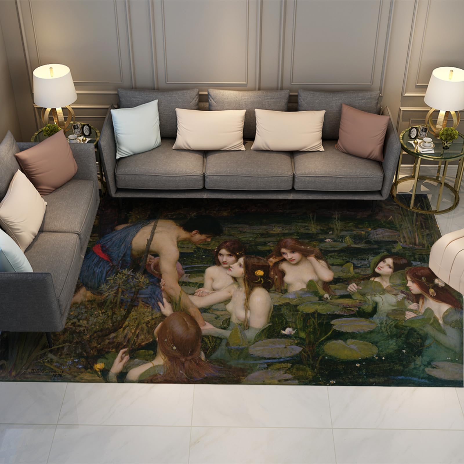 Tapis lavable Hylas et Les Nymphes 180x270cm pour sol intérieur et extérieur facile à nettoyer