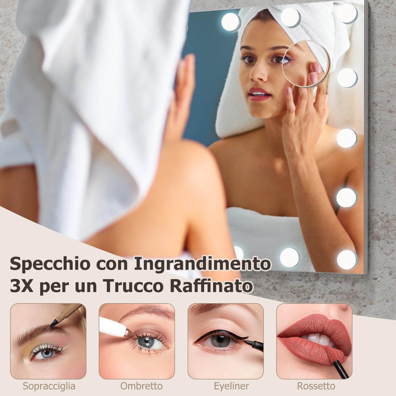 RELAX4LIFE Specchio Trucco con Luci 65 x 52,5 cm, Specchio Cosmetico da Parete/Tavolo con 18 Lampadine, 3 Colori di Luce, 4 Luminosità Regolabile, Touch Screen, per Camera da Letto (65 x 52,5 cm)
