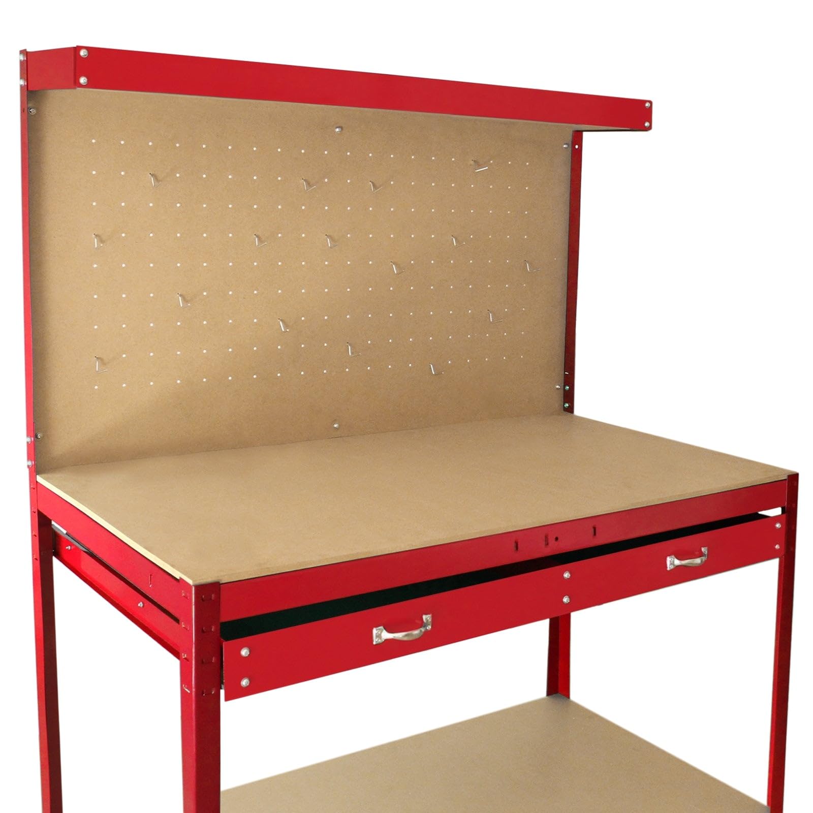 Banco da Lavoro a 3 Livelli con Piano da 120x60cm Ultra Resistente e Pannello Parete Forata Porta Attrezzi Utensili e 40 Ganci universali GRATIS + 2 Mensole e Cassetto - Rosso