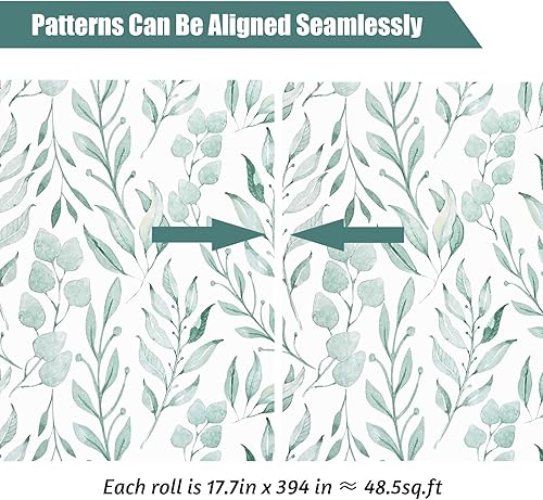 Miniatura 5 de WENMER Papel tapiz floral de hojas verdes, papel tapiz autoadhesivo de 17.7 x 394 pulgadas, papel tapiz autoadhesivo de hojas de acuarela para