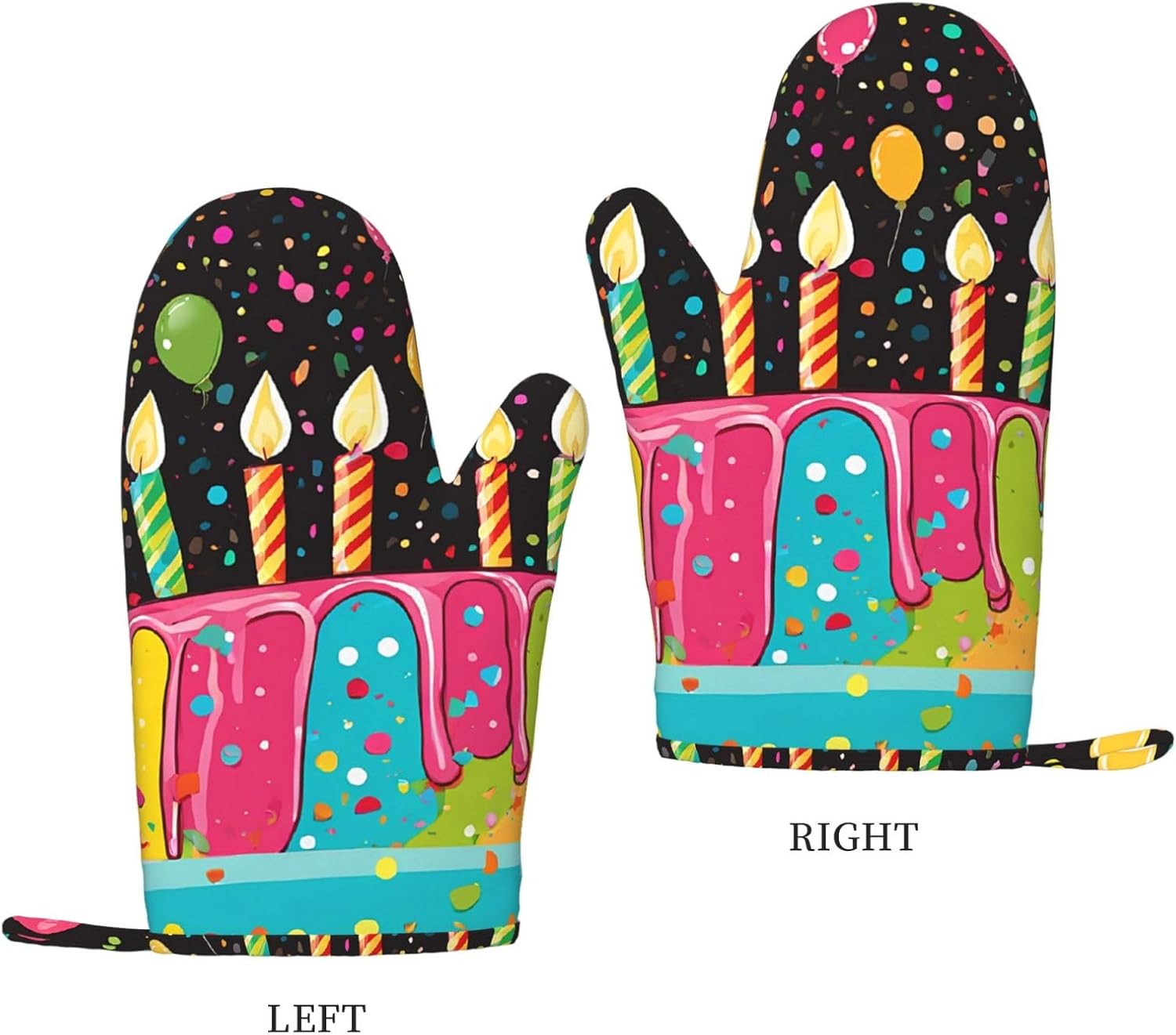 Happy Birthday Big Cake Oven Mitts and Pot Holders Set of 4 Heat Resistant Kitchen Gloves with Silicone Palm Hot Pads for Baking Cooking Grilling BBQ