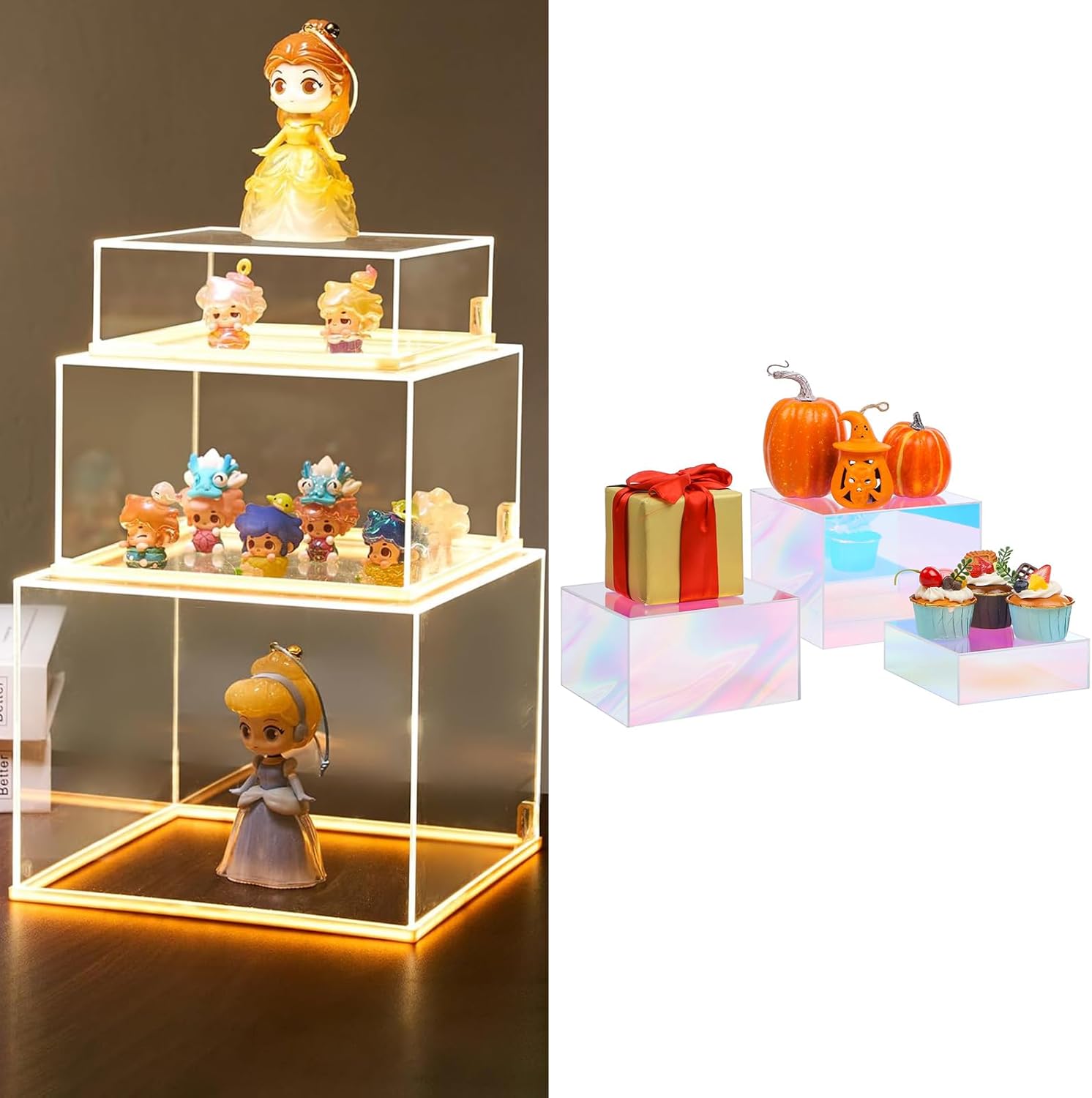 3 Pcs Risers Display Stands with Light and 3 Pack Buffet Riser, Cubes Acrylic Display Box
