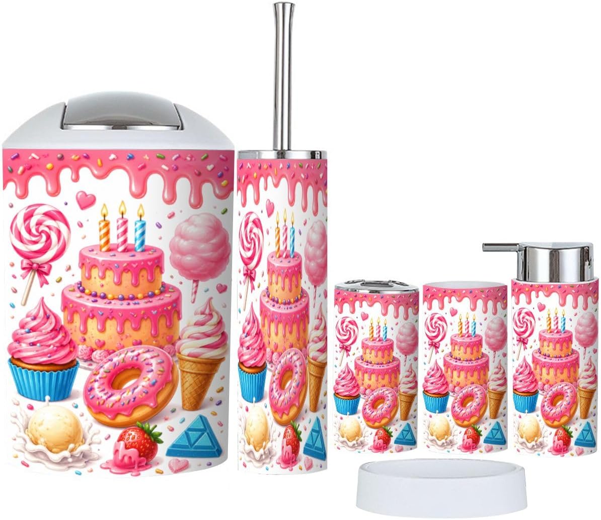 Bathroom Accessories Set 6 piece Sweet Food Cake Cupcake ice Cream Strawberry Yogurt Donut Pink Glaze Plastic shatterproof Vanity Organization countertop Decor for Home, Apartment, Dorm