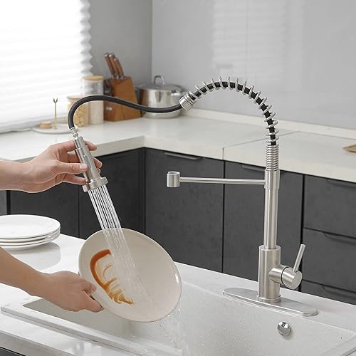 Miniatura 8 de VOTON Grifo de cocina negro con rociador extraíble, grifo de fregadero de cocina de acero inoxidable, grifos comerciales de primavera para fregadero