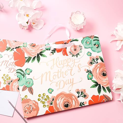 Vista 8 de WRAPAHOLIC Bolsa de regalo grande para el Día de la Madre de 13 pulgadas con tarjeta y papel de seda - Floral Happy Mother's Day
