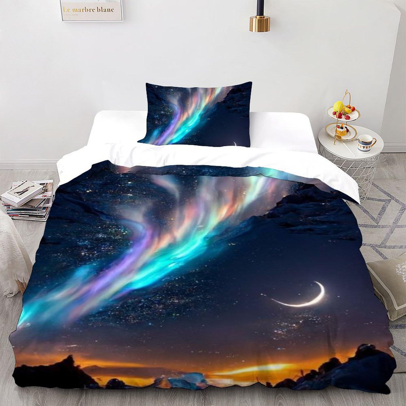 Housse de couette imprimé 3D Aurora Literie microfibre fermeture éclair 135x200cm enfant single