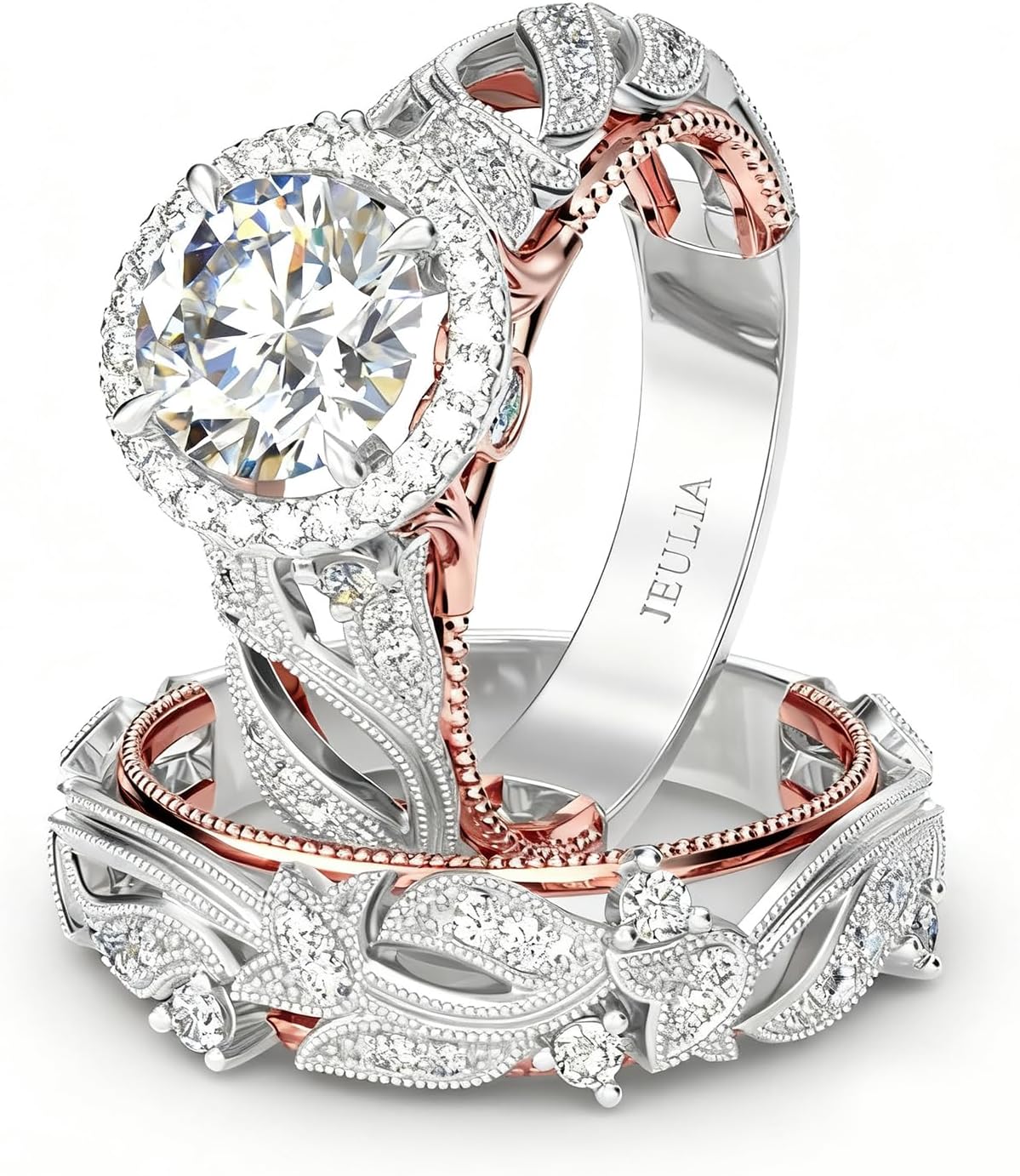 Jeulia 4 Carat Openwork Ring Sets for Women 925 Sterling Silver Wedding Sets Rose Gold Round Cut Halo Engagement Ring White Diamond band CZ Solitaire Anniversary Promise Rings