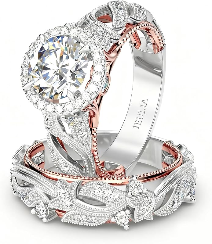 Jeulia Juego de anillos calados de 4 quilates para mujer, plata de ley 925, conjuntos de boda, oro rosa, corte redondo, anillo de compromiso con halo, banda de diamante blanco, circonita cúbica, solitario, anillos de promesa de aniversario
