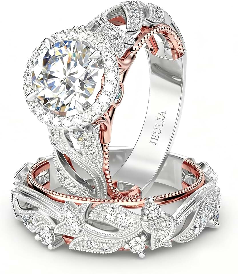 Jeulia 4 Carat Openwork Ring Sets for Women 925 Sterling Silver Wedding Sets Rose Gold Round Cut Halo Engagement Ring White Diamond band CZ Solitaire Anniversary Promise Rings