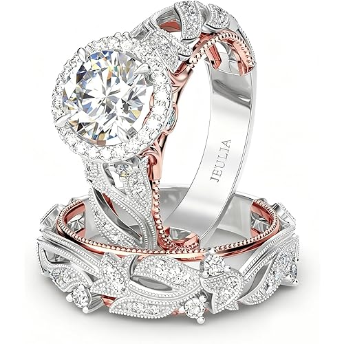 Jeulia 4 Carat Openwork Ring Sets for Women 925 Sterling Silver Wedding Sets Rose Gold Round Cut Halo Engagement Ring White Diamond band CZ Solitaire Anniversary Promise Rings