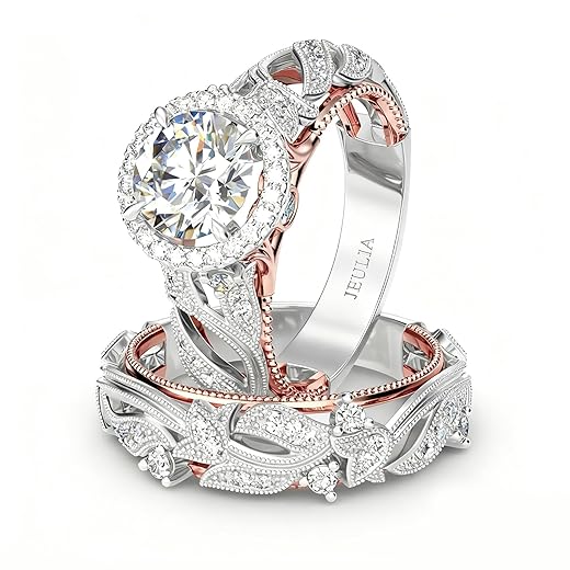 Jeulia 4 Carat Openwork Ring Sets for Women 925 Sterling Silver Wedding Sets Rose Gold Round Cut Halo Engagement Ring White Diamond band CZ Solitaire Anniversary Promise Rings