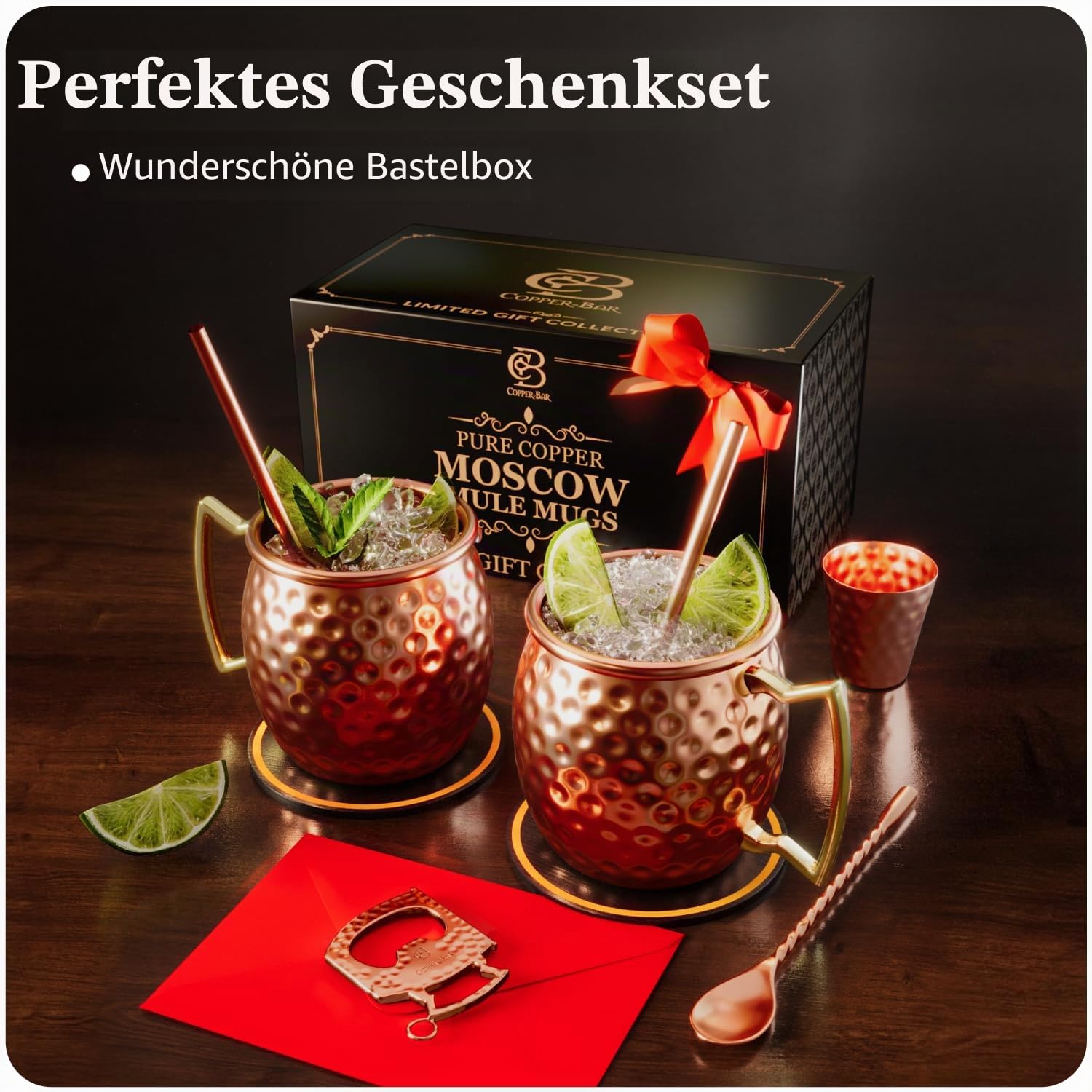 Moscow Mule Tassen, 100% Solides Kupfer, gehämmert, Geschenk-Set von 2 keine Nickel Authentic Griff Bonus 2 Trinkhalme 2 E-Bücher von copper-bar