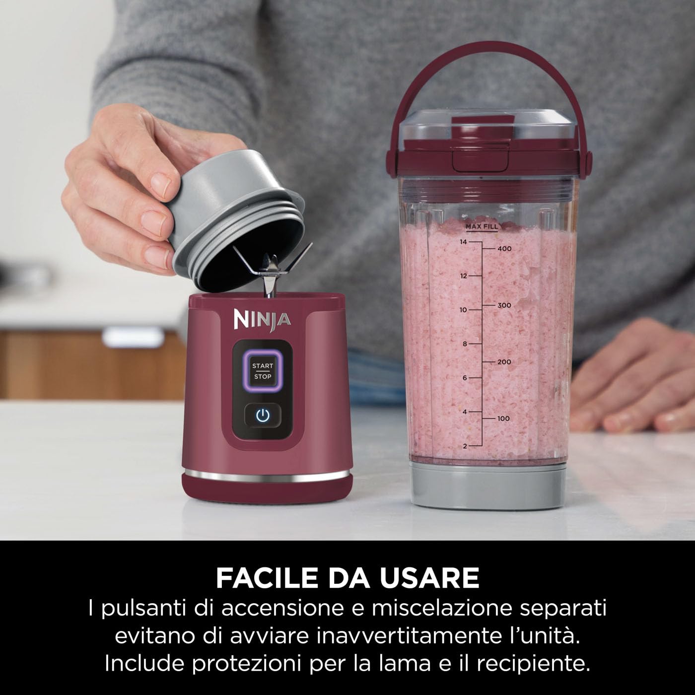 Ninja Blast Frullatore Portatile, 530 ml, con Coperchio e Beccuccio, Mini Frullatore Senza Fili, Ricaricabile, per Frullati, Trita Ghiaccio e Frutta Congelata, Ciliegia, BC151EUCR