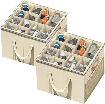 Aokeyee Shoe Storage Organizer for Closet, 2 Pack Shoe Box Storage Containers with Clear Cover and Reinforced Handles, Fits 16-32 Pairs, Beige