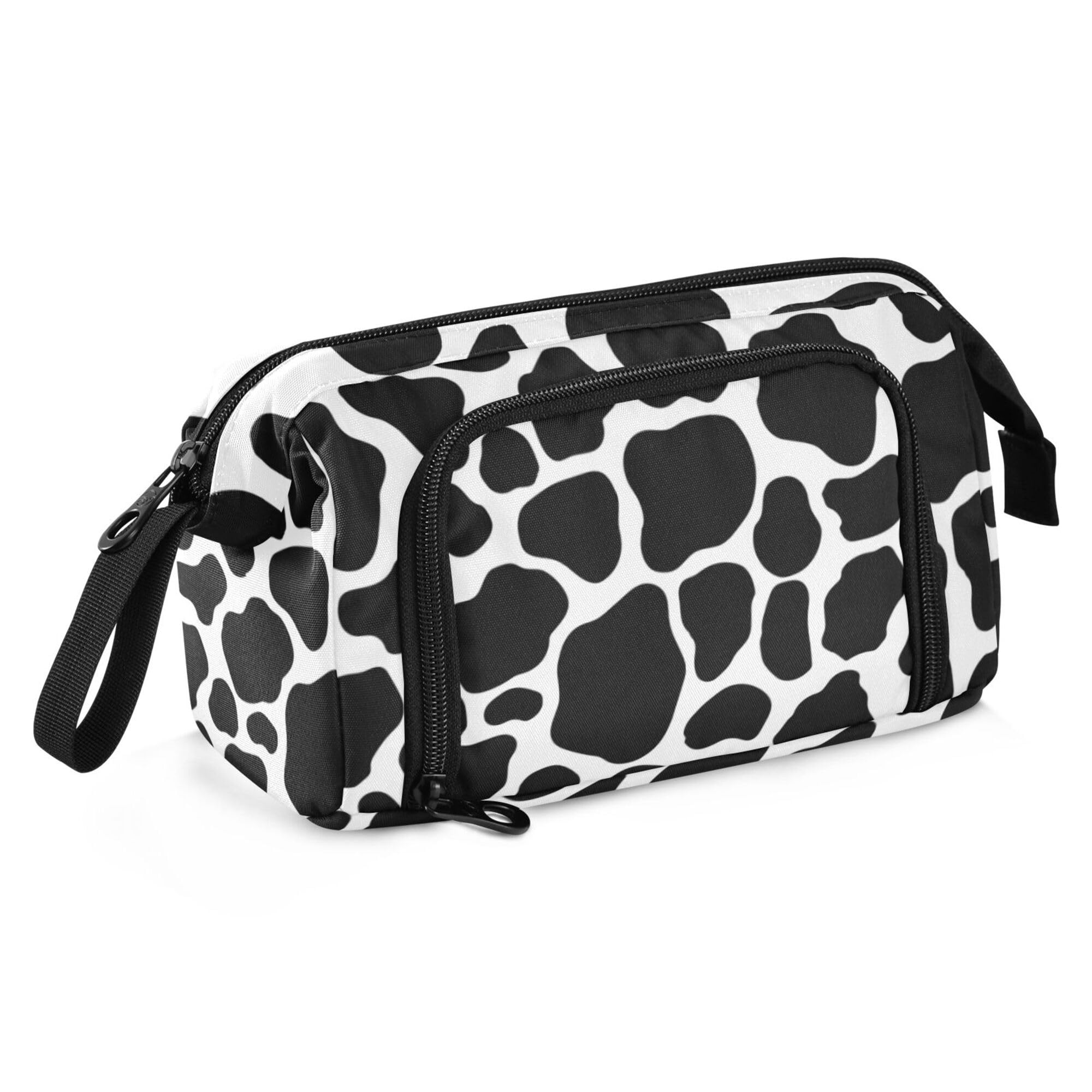 Fisyme White Black Cow Print Pencil Case Large Capacity Pencil Pouch Pen Bags Box Big Makeup Pencil Case Organizer